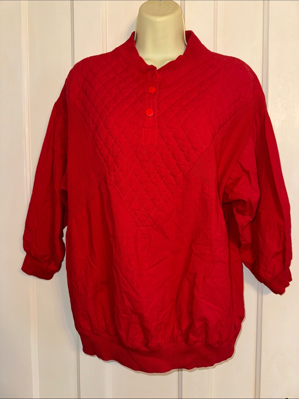 Vintage 80s/90s Rebe Brand Red Quilted Pullover Cotton Blouse with 3/4 sleeves